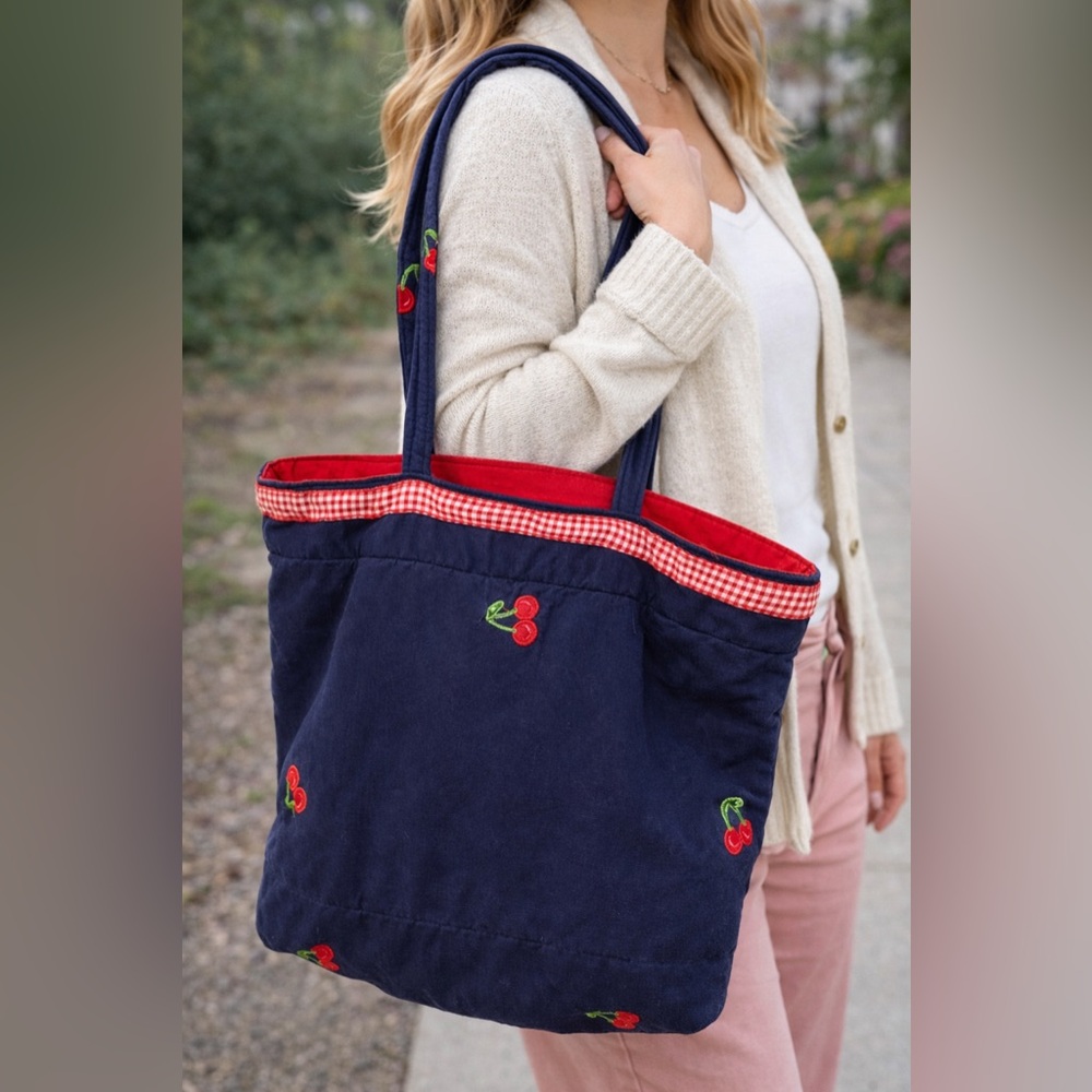 Vintage Cherry Embroidered Navy Tote Bag